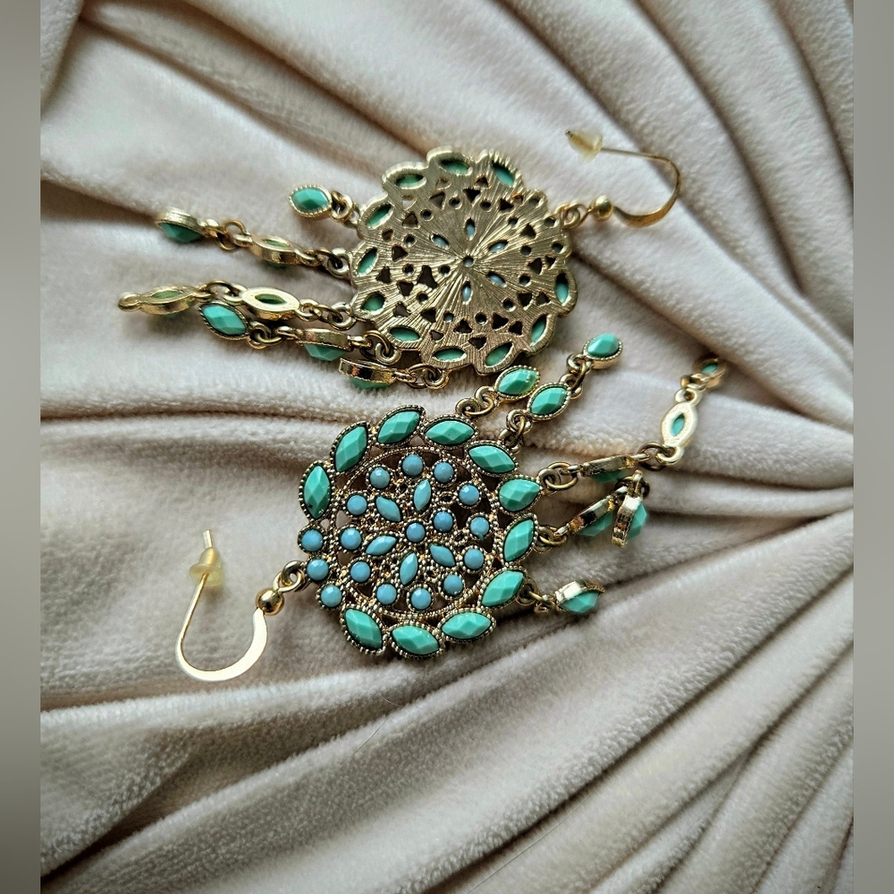 Equisite Gold and Turquoise Dream Catcher Drop Earrings - Picture 3 of 4